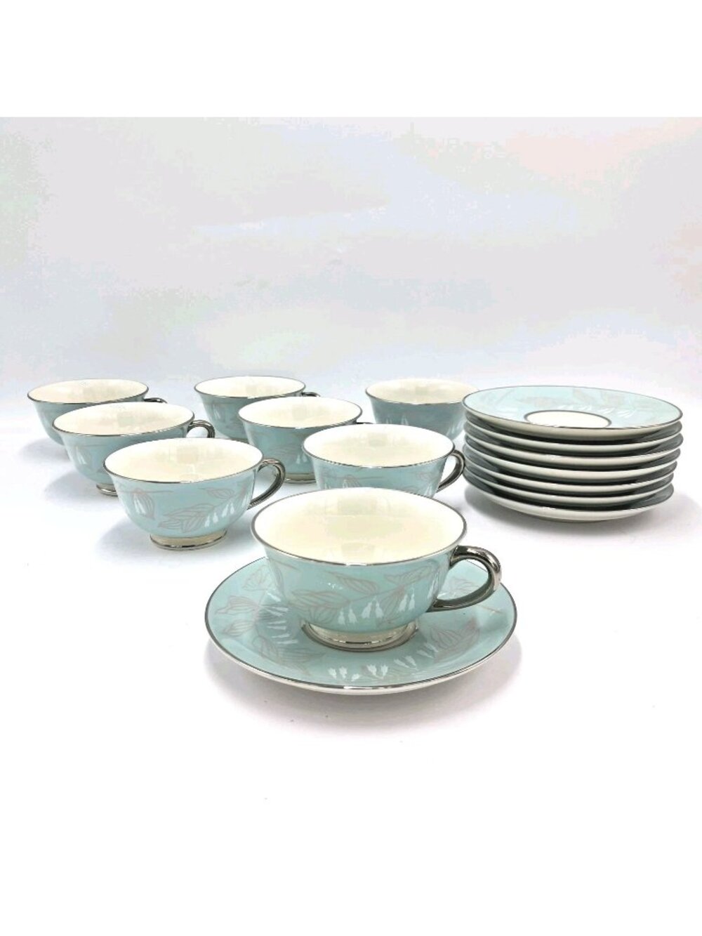 Nancy Prentiss  Tea Cups & Saucers-Set of 8-Seafoam Green-Pink-Silver  Foxhall